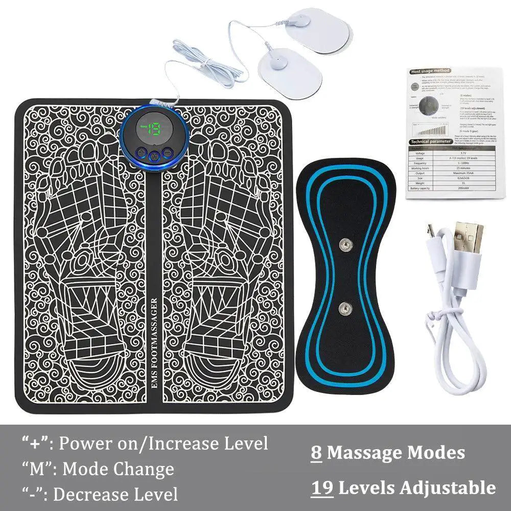 EMS foot massager mat set with digital display, pads, USB cable, and instructions.