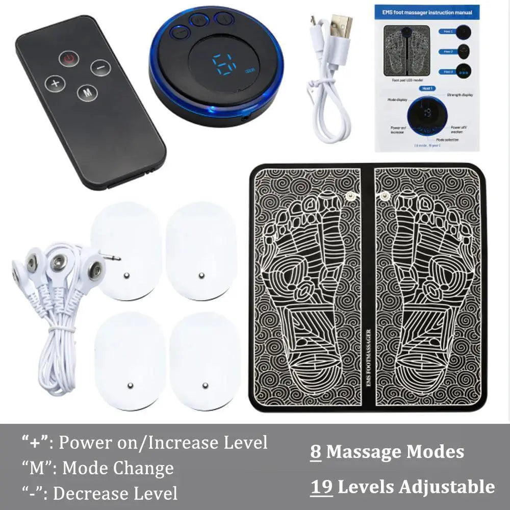 EMS foot massager mat kit with remote, electrodes, USB cable, and user manual shown