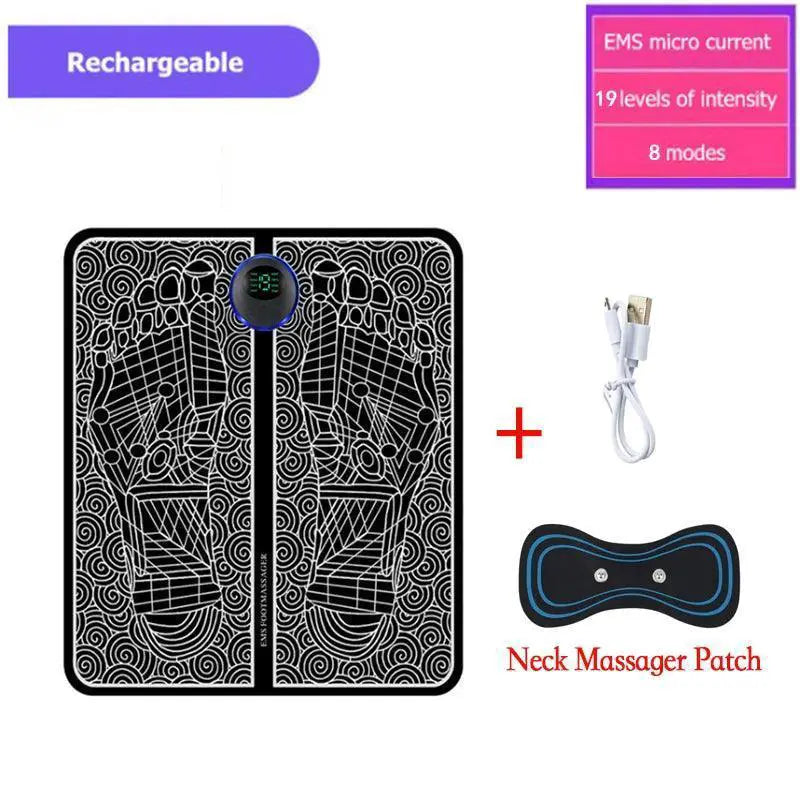 Rechargeable EMS foot massager mat with USB cable and neck massager patch for pain relief.