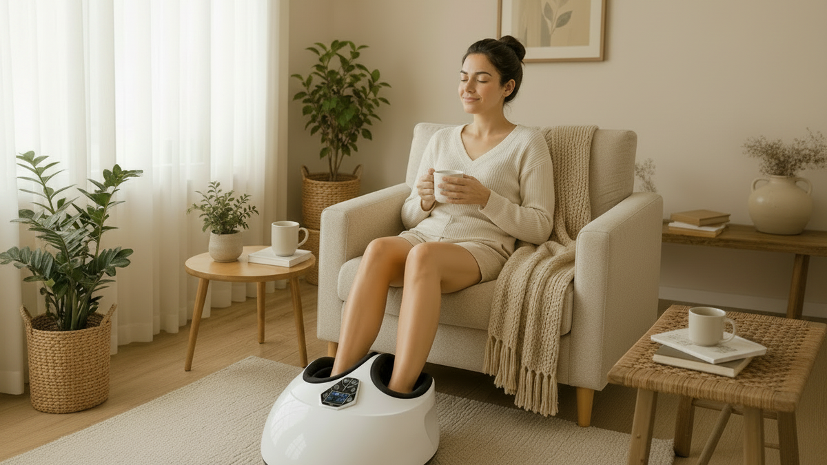 A woman sits in a beige armchair in a cozy living room, using a white foot massager machine with her feet inserted. She is wearing a cream cardigan and shorts and holding a white mug.
