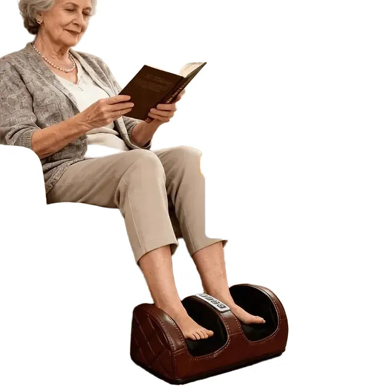 Electric Brown Foot Massager. Roller Acupressure Relaxation Massage, Targeted Massage of Foot Meridian Points. Two-Way Motion Modes, 3 Levels of Massage Intensity. Especially Suitable for Use on Calves, Feet, Legs, and Hands.