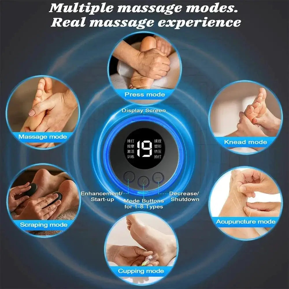 Foot massager mat display with six illustrated massage modes and digital control screen.