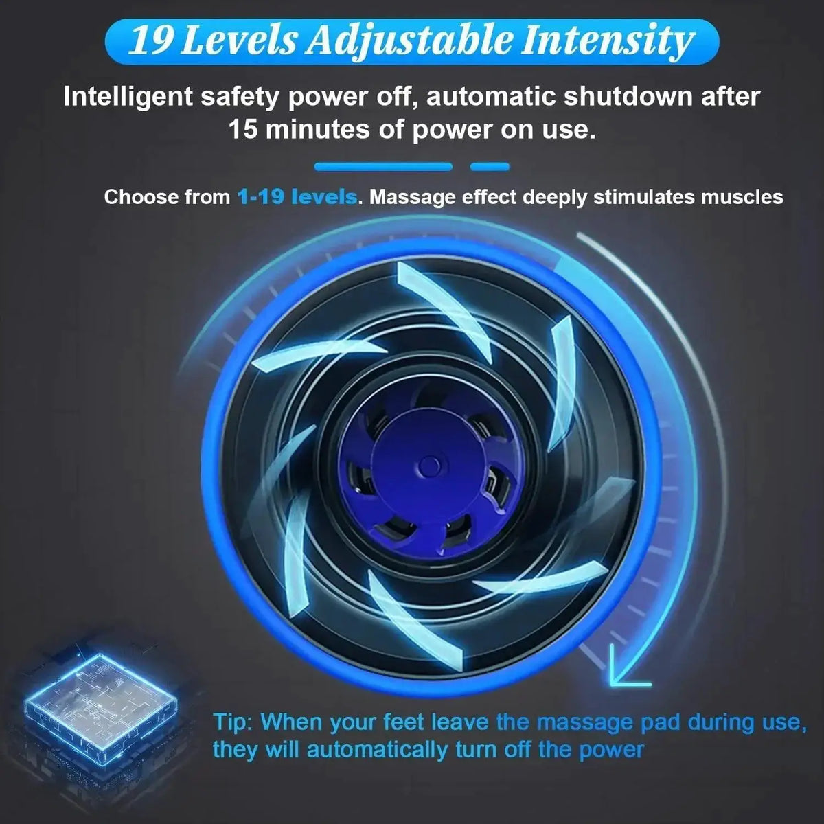 Foot massager mat with 19 adjustable intensity levels, auto power off feature, blue graphics