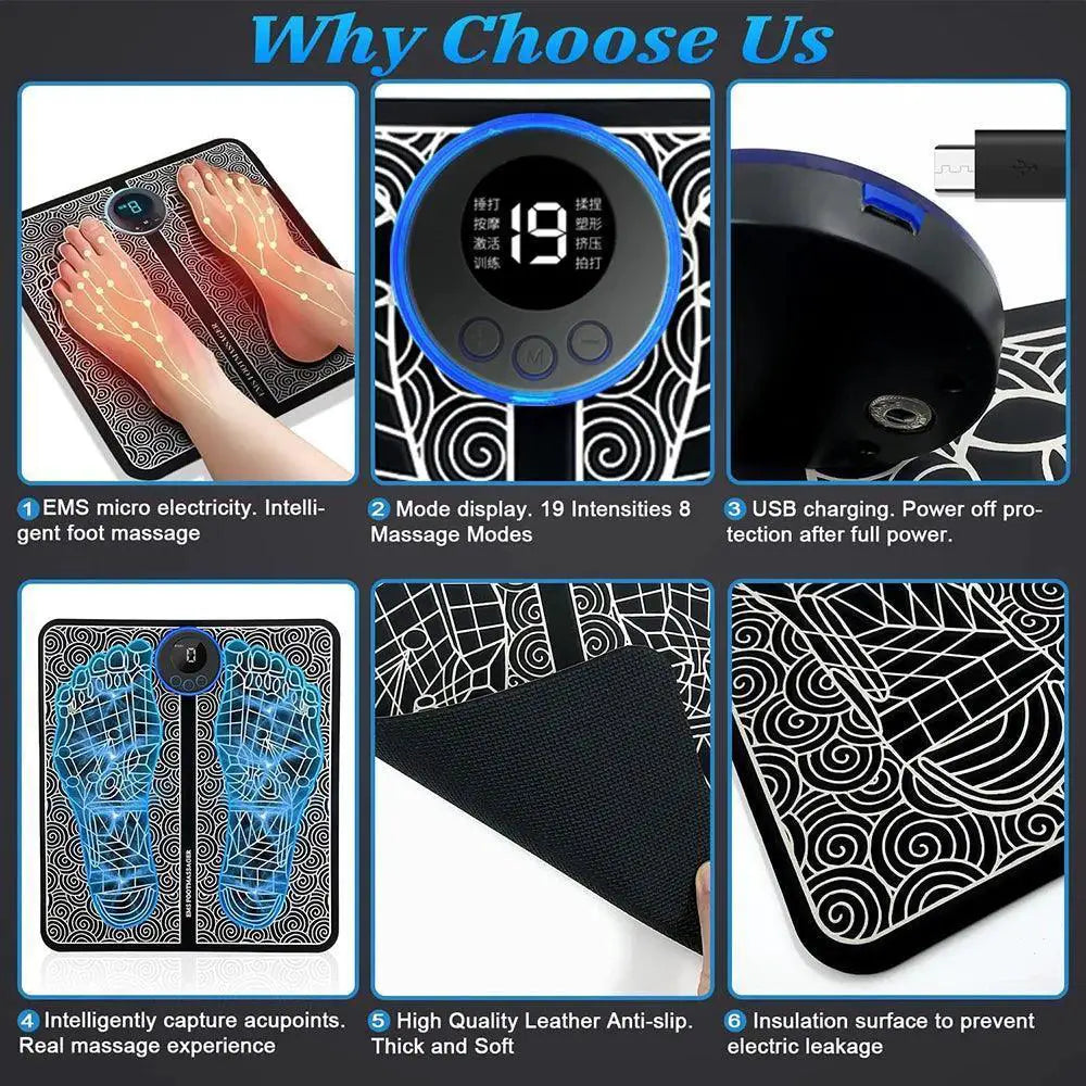 EMS foot massager mat with digital display, USB charging, acupoint mapping, and anti-slip design