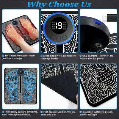 EMS foot massager mat with digital display, USB charging, acupoint mapping, and anti-slip design