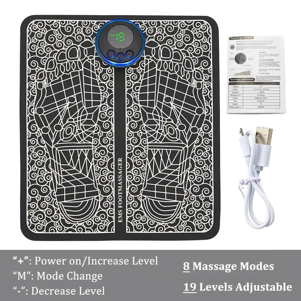 EMS foot massager mat with digital display, USB cable, and instruction manual