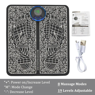 EMS foot massager mat with digital display, USB cable, and instruction manual
