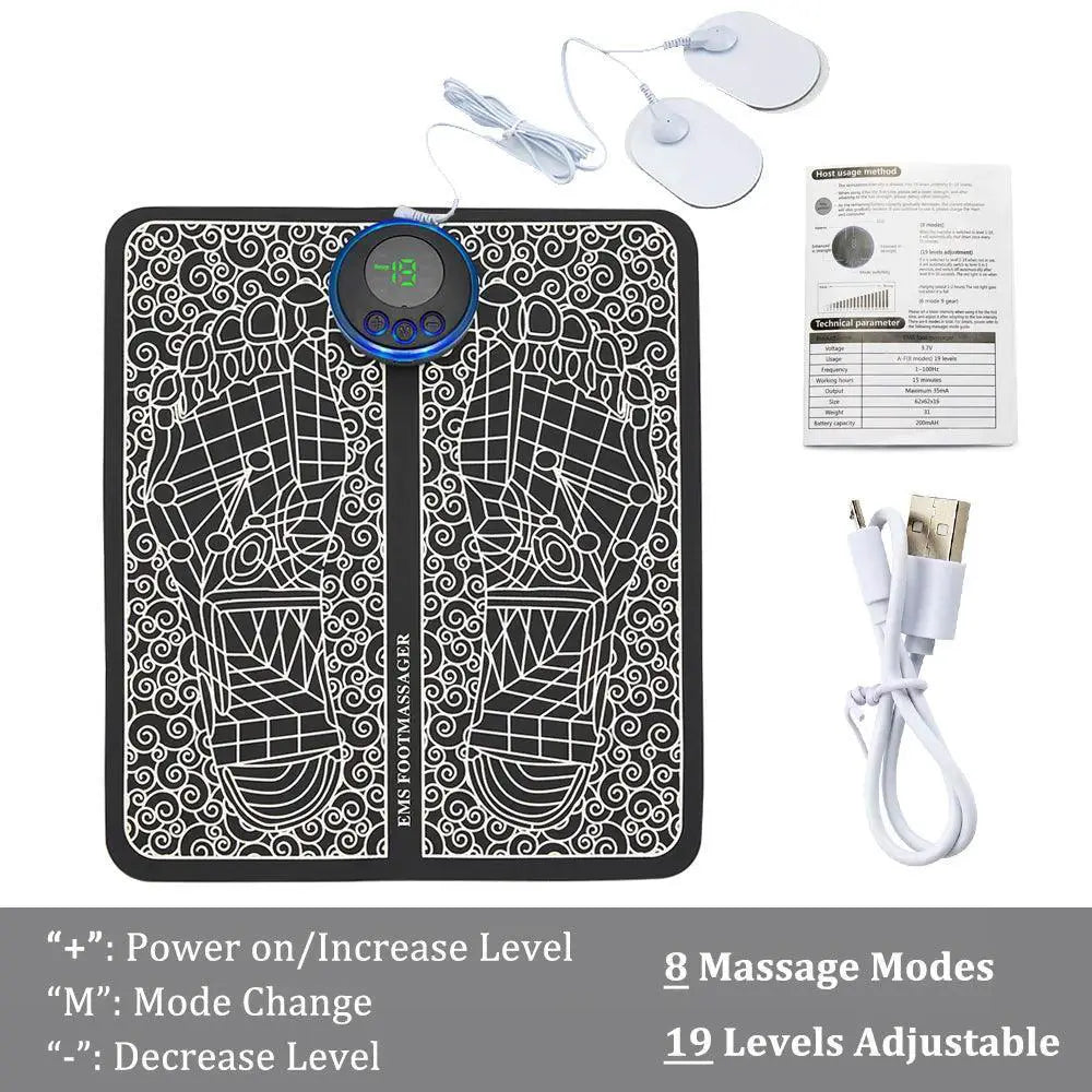 EMS foot massager mat with digital display, USB cable, electrode pads, and instructions.
