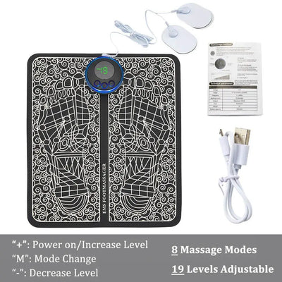 EMS foot massager mat with digital display, USB cable, electrode pads, and instructions.