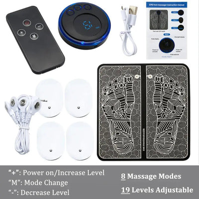 EMS foot massager mat kit with remote, electrodes, USB cable, and user manual shown