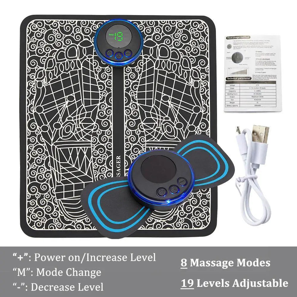 Electronic EMS foot massager mat set with display, remote, manual, and USB cable.