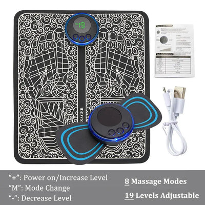 Electronic EMS foot massager mat set with display, remote, manual, and USB cable.