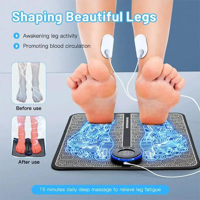 Rechargeable EMS foot massager pad in use, showing benefits for leg circulation and relaxation.
