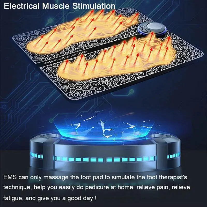 Rechargeable EMS foot massager pad with glowing foot outlines and digital control for relaxation