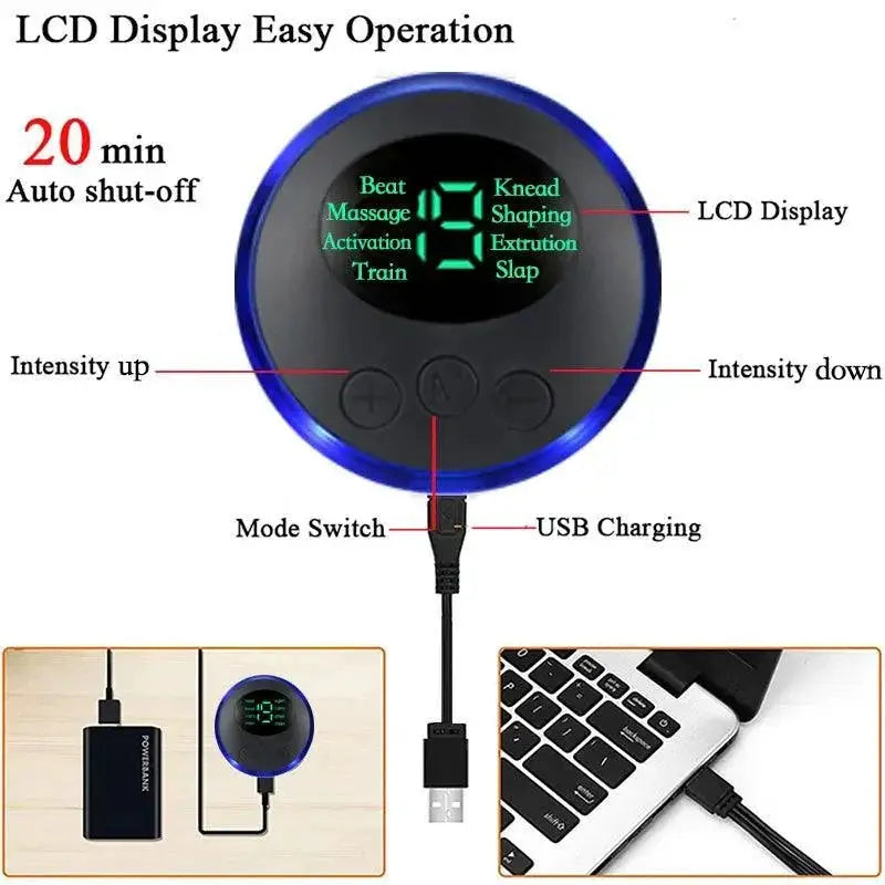 Rechargeable foot massager controller with LCD display, USB charging, and multiple massage modes.