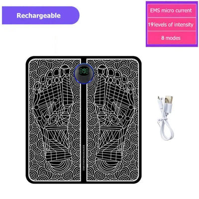Rechargeable EMS foot massager pad with digital display and USB cable for deep relaxation