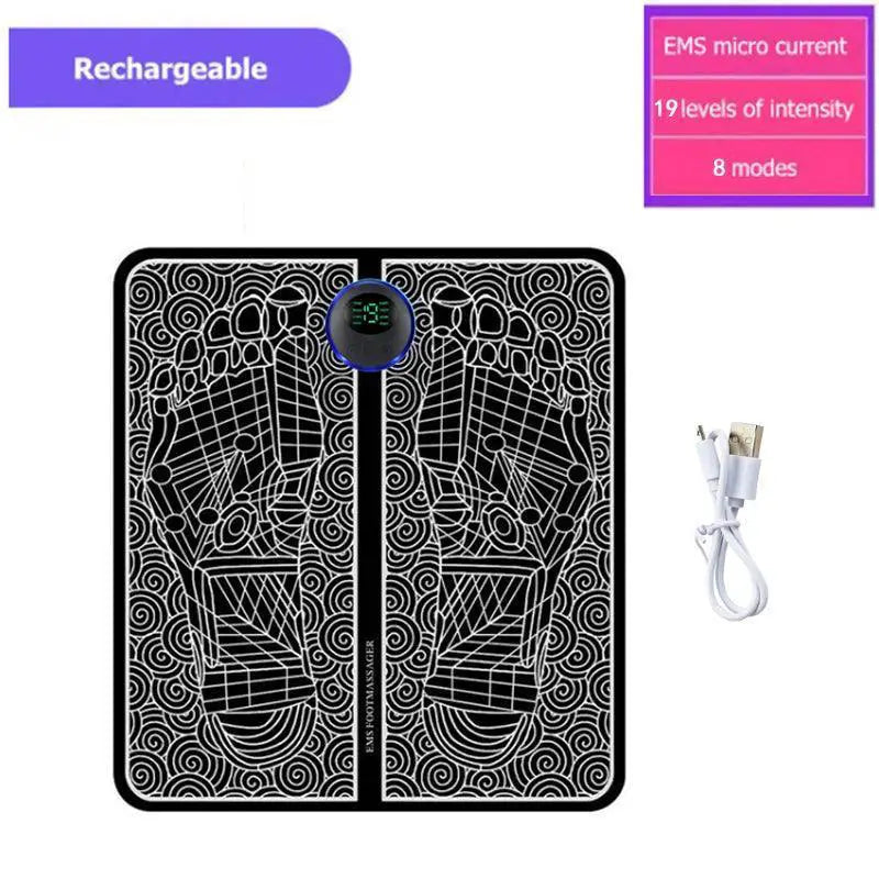 Rechargeable EMS foot massager pad with digital display and USB cable for deep relaxation