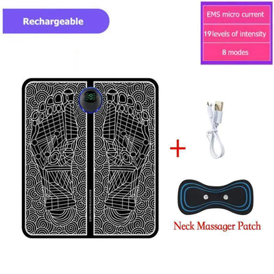 Rechargeable EMS foot massager mat with USB cable and neck massager patch for pain relief.