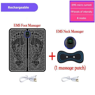 Rechargeable EMS foot massager pad, EMS neck massager patch, USB cables, digital display.